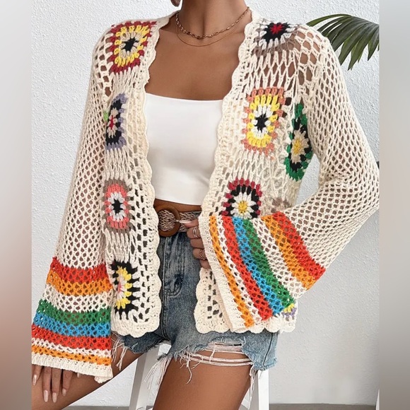 NEW| Women's Crochet Floral Pattern Long Sleeve Lightweight Knit Cadigan - Picture 3 of 8